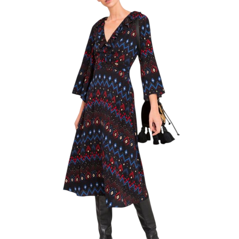 & Other Stories Geometric Midi Dress | Size 8 | V-Neck Ruffle Neckline | A-Line